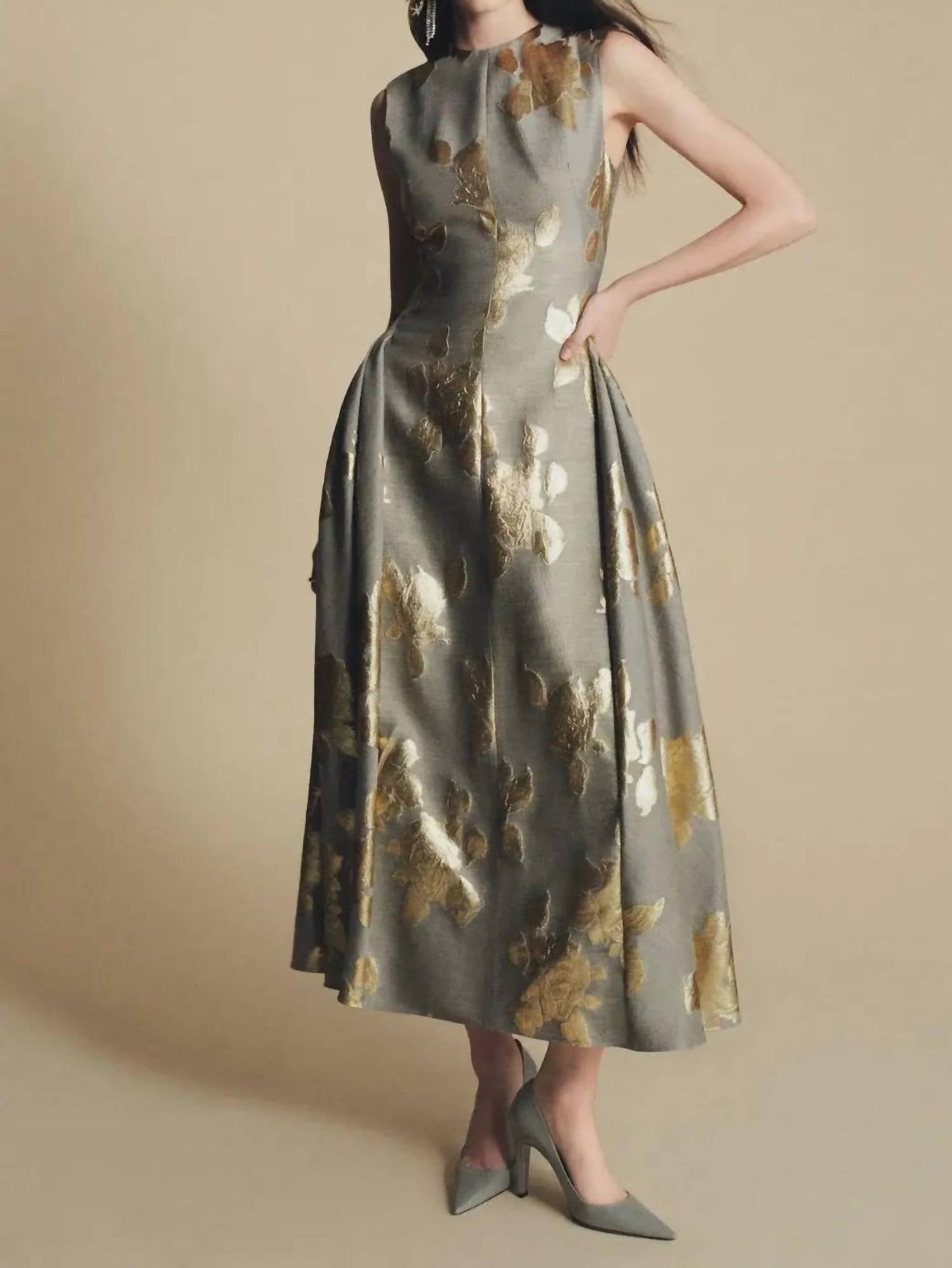 Lela Rose Floral Fil Coupe Sleeveless A-line Midi Dress in gold grey - women's dress - alternate view