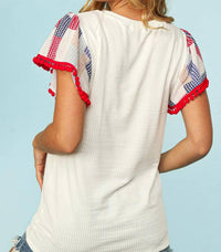Haptics - Patriotic Patch Work Flutter Sleeve Top