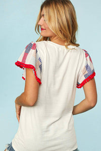 Haptics - Patriotic Patch Work Flutter Sleeve Top