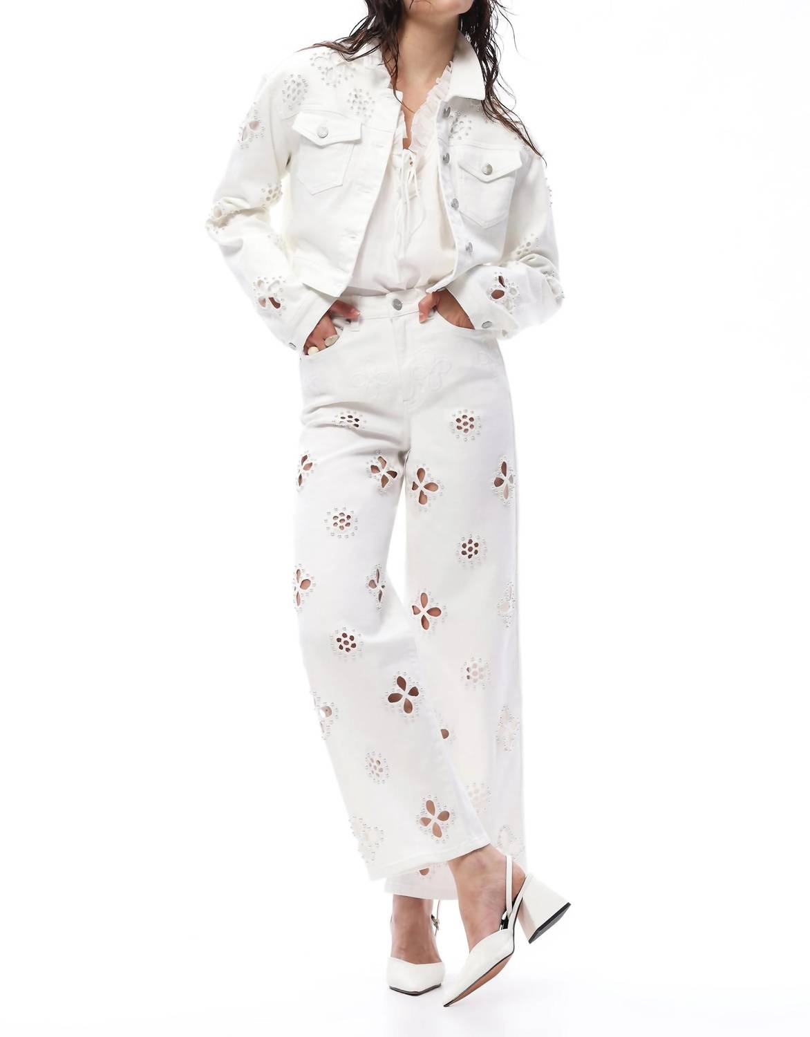 Bayeas - Eyelet And Pearl Embellished High Rise Straight Jeans
