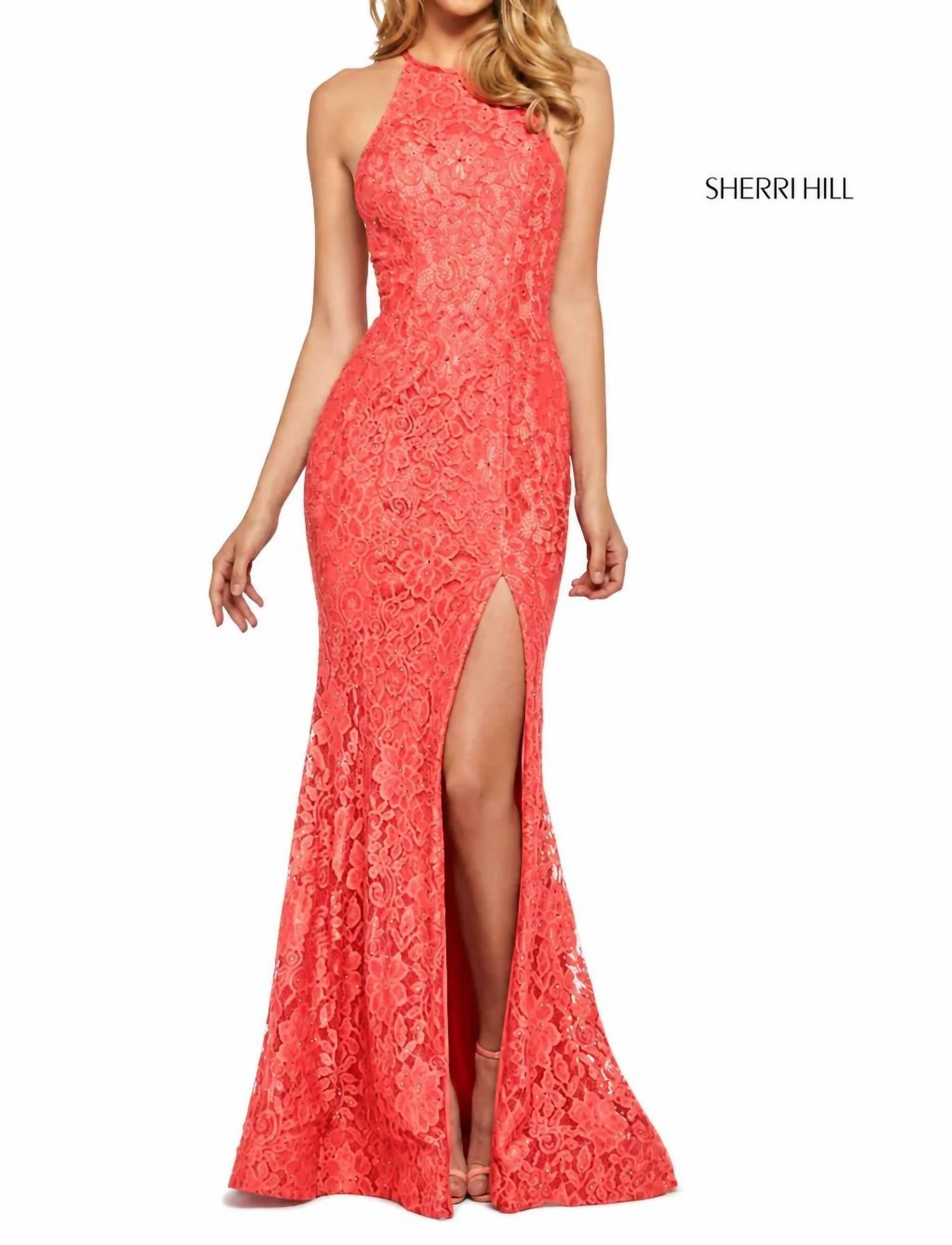 Sherri Hill - Stretch Lace High Slit Halter Gown Dress