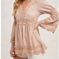 Bluivy - Lace Trimmed Bell Sleeve V-neck Blouse