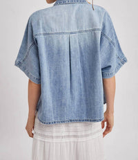Bluivy - Women's Denim Button Down Short Sleeve Boxy Shirt