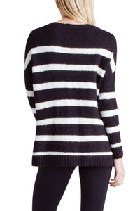 Kensie - Striped Variegated Cotton Blend Long Sleeve Sweater With Pockets