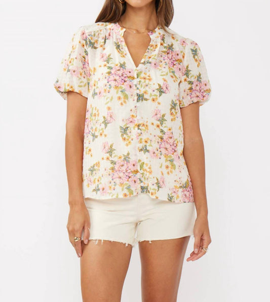 Lovestitch - Floral Puff Sleeve Button-down Top