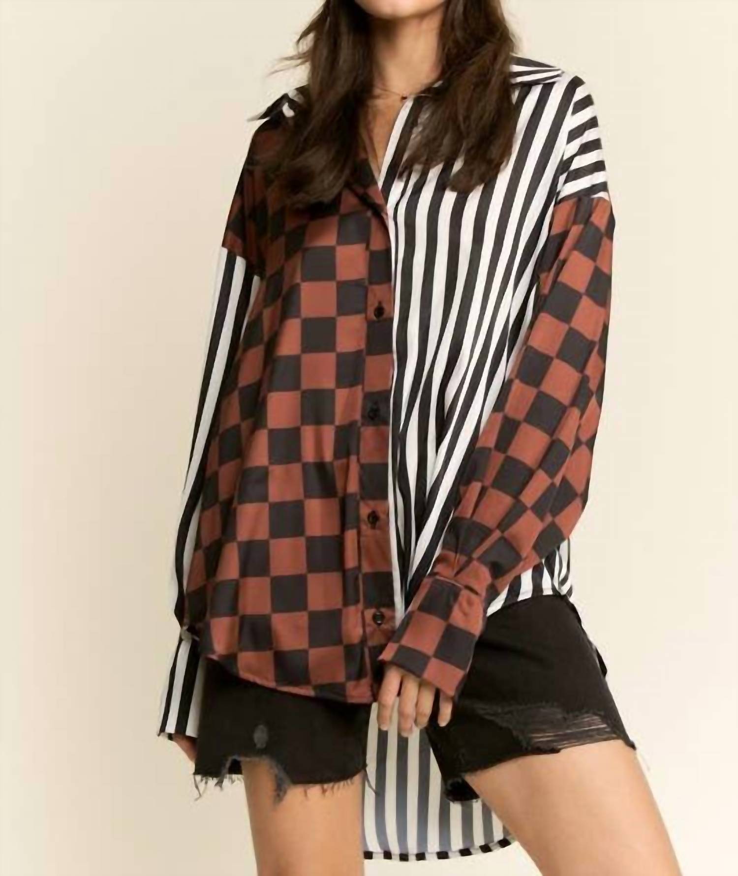 Jade By Jane - Split Decision Checker-stripe Blouse - Plus