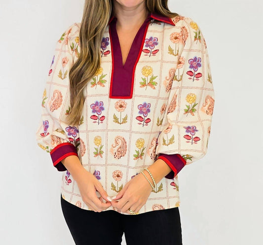 Entro - Floral Printed Contrast Split Neck Top