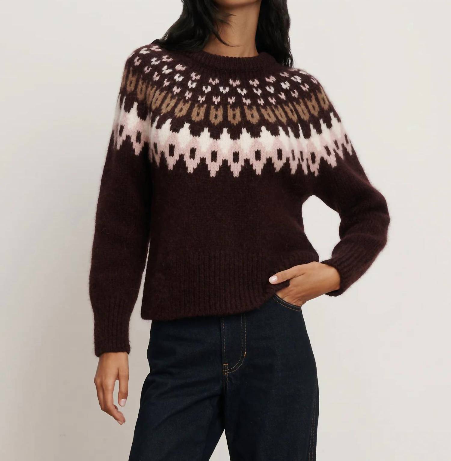 Veronica Beard Anne Fairisle Pullover in multi brown - women's sweater - alternate view