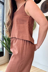 NARY Square Neck Tank Top in clay linen - women's tank top - detail view
