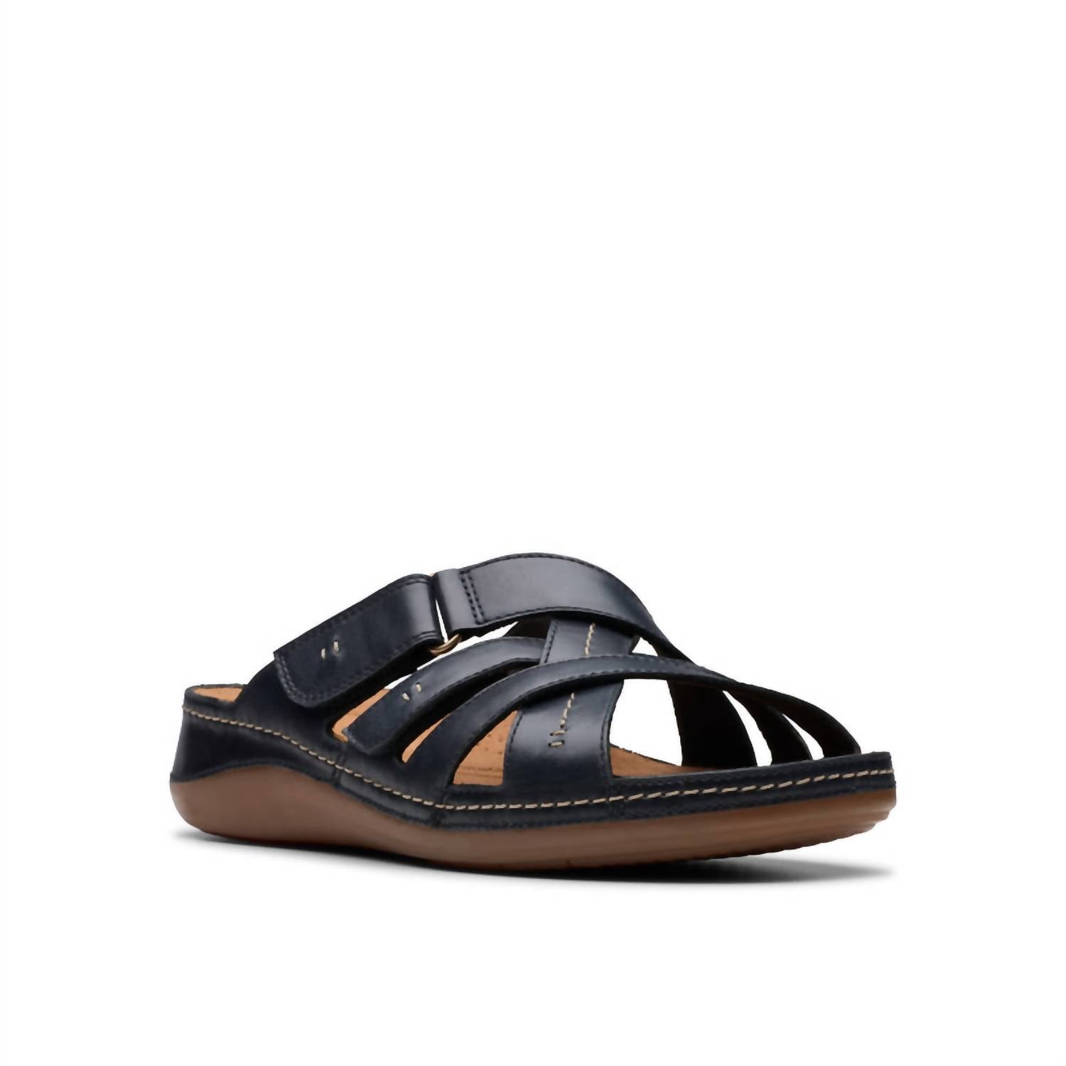 Clarks Women's Cecily Slides in black leather - women's sandal - detail view