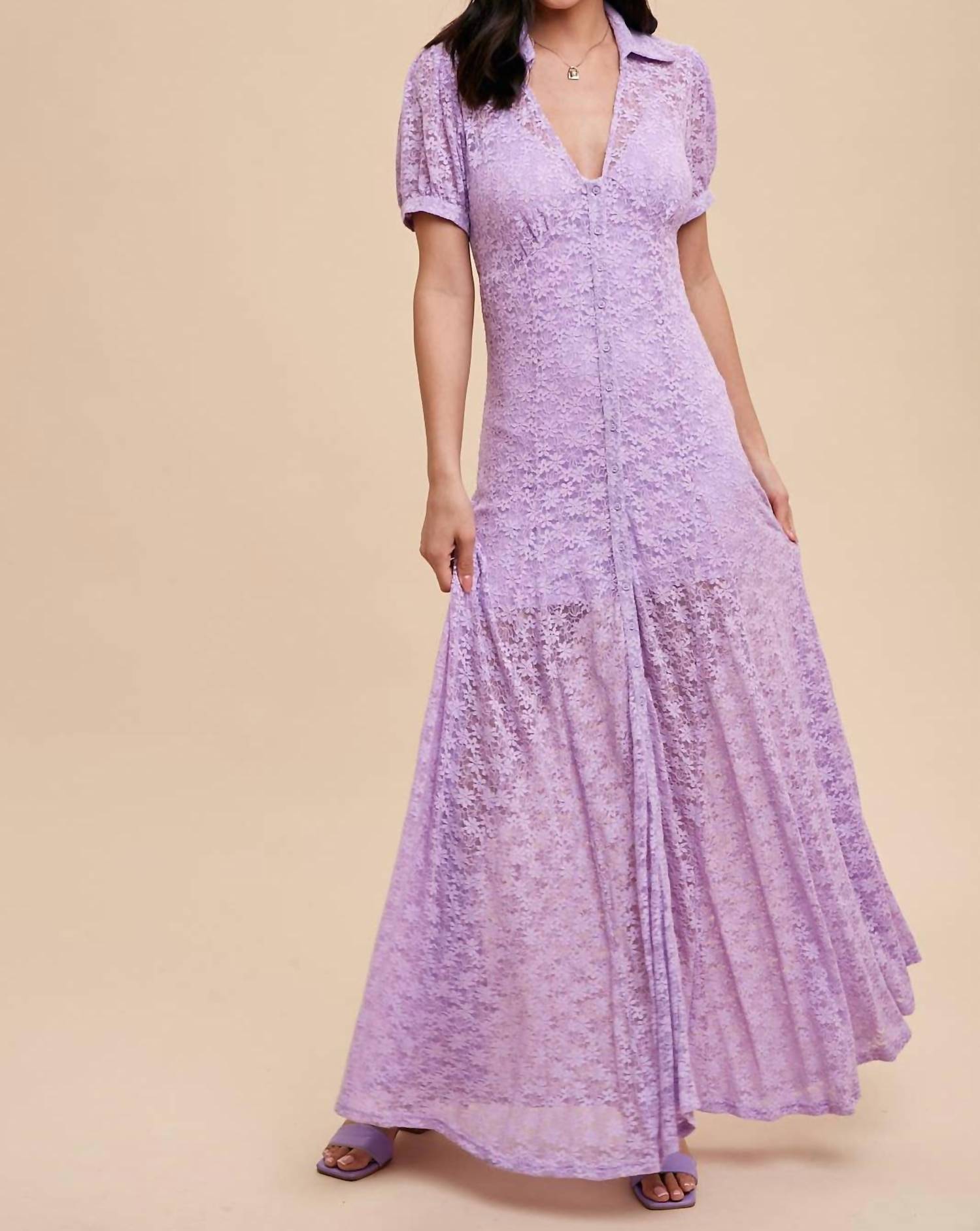IN-LOOM Lace Button Up Dress With Slip in lavender - women's dress