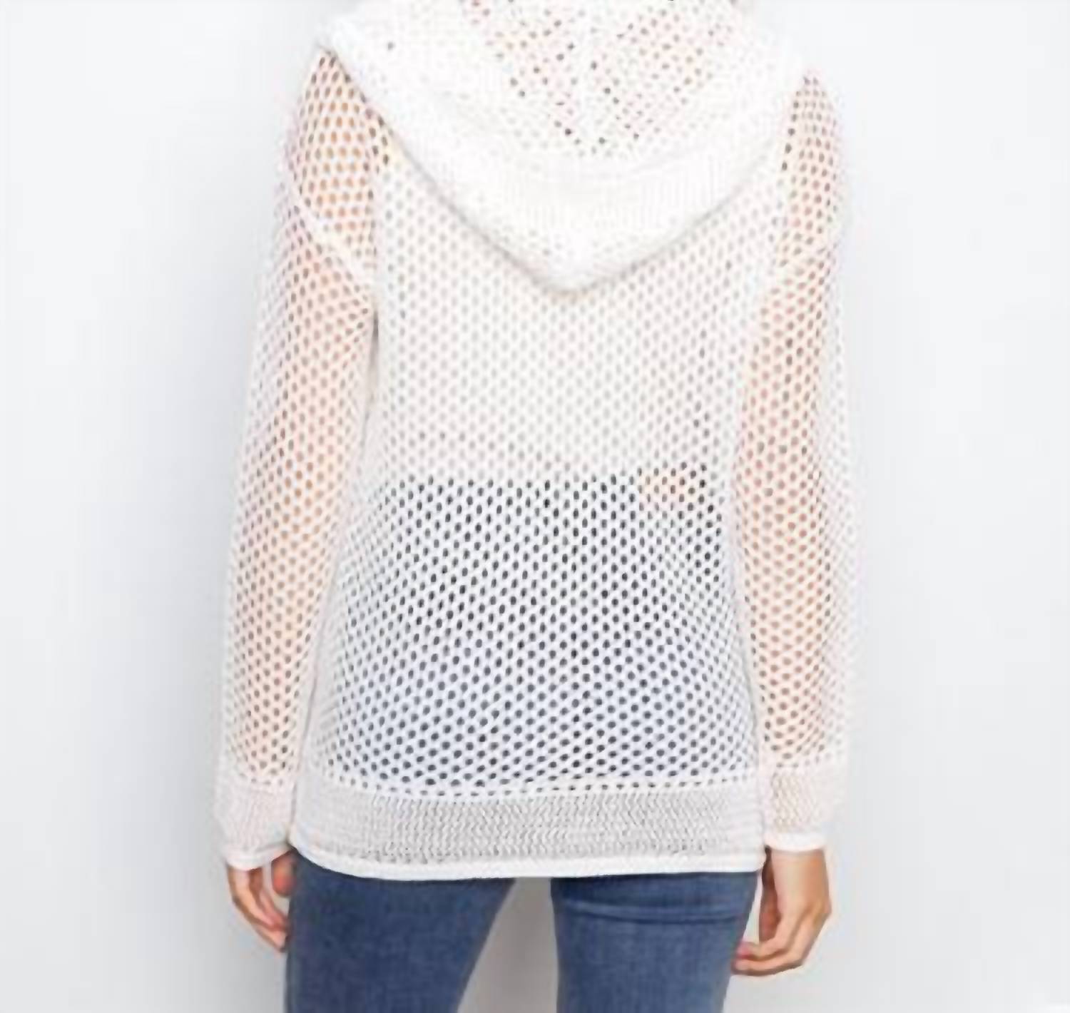 CHARLIE B Heart Long Sleeve Fishnet Hoodie in white - women's top - alternate view