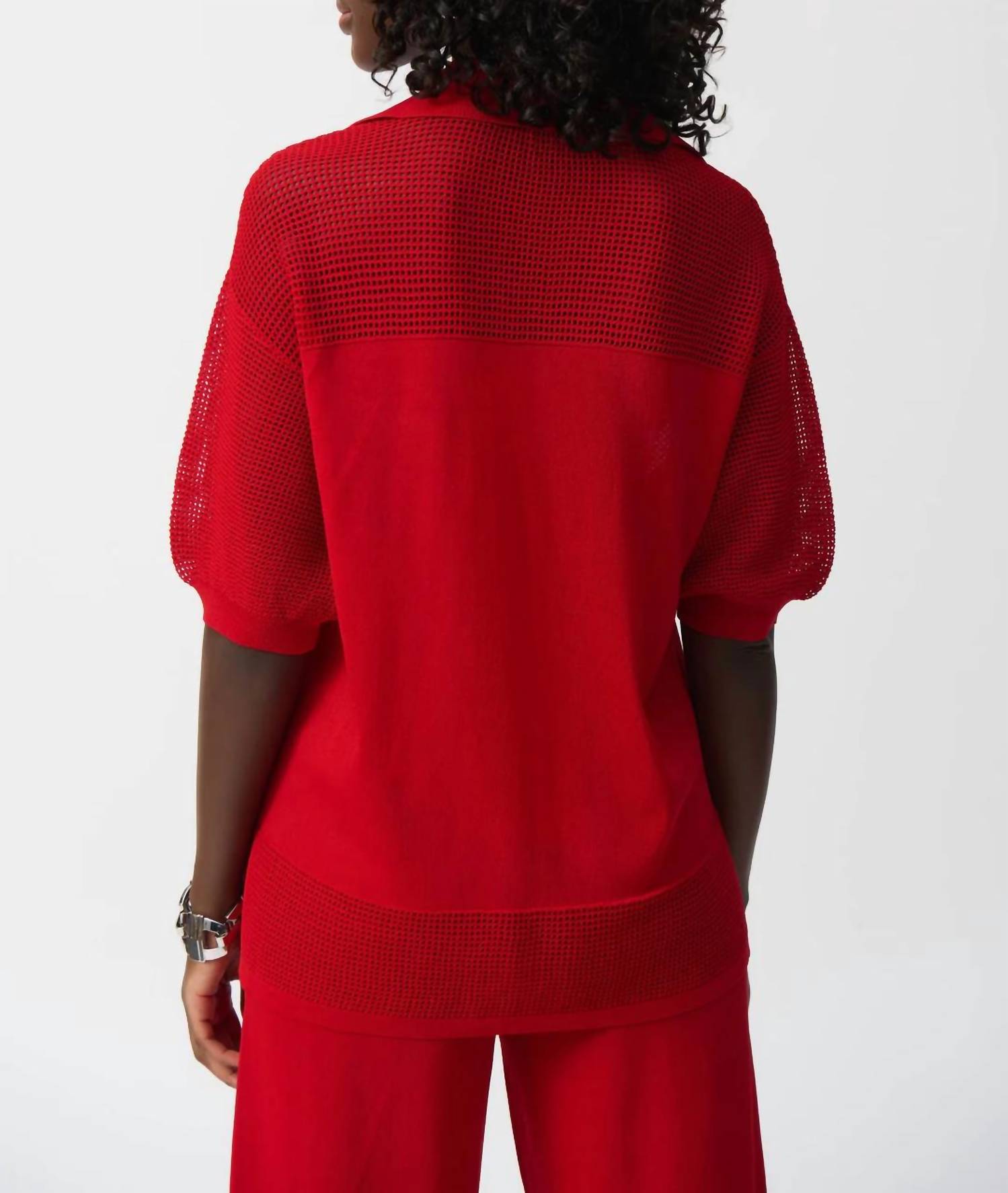 Joseph Ribkoff Knit Pullover With Pointelle Detail Sweater in radiant red - women's sweater - detail view