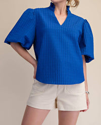 Glam - Puff Sleeve Ruffled Neck Textured Fabric Top