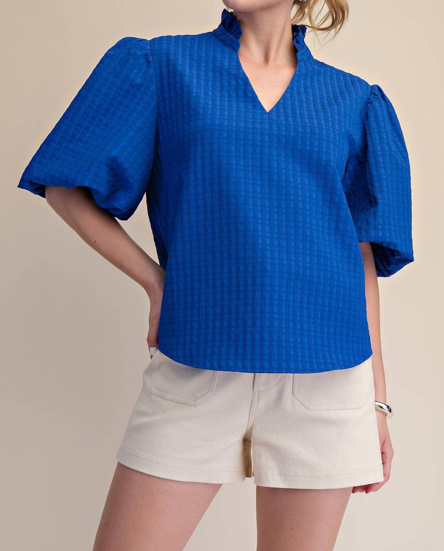 Glam - Puff Sleeve Ruffled Neck Textured Fabric Top