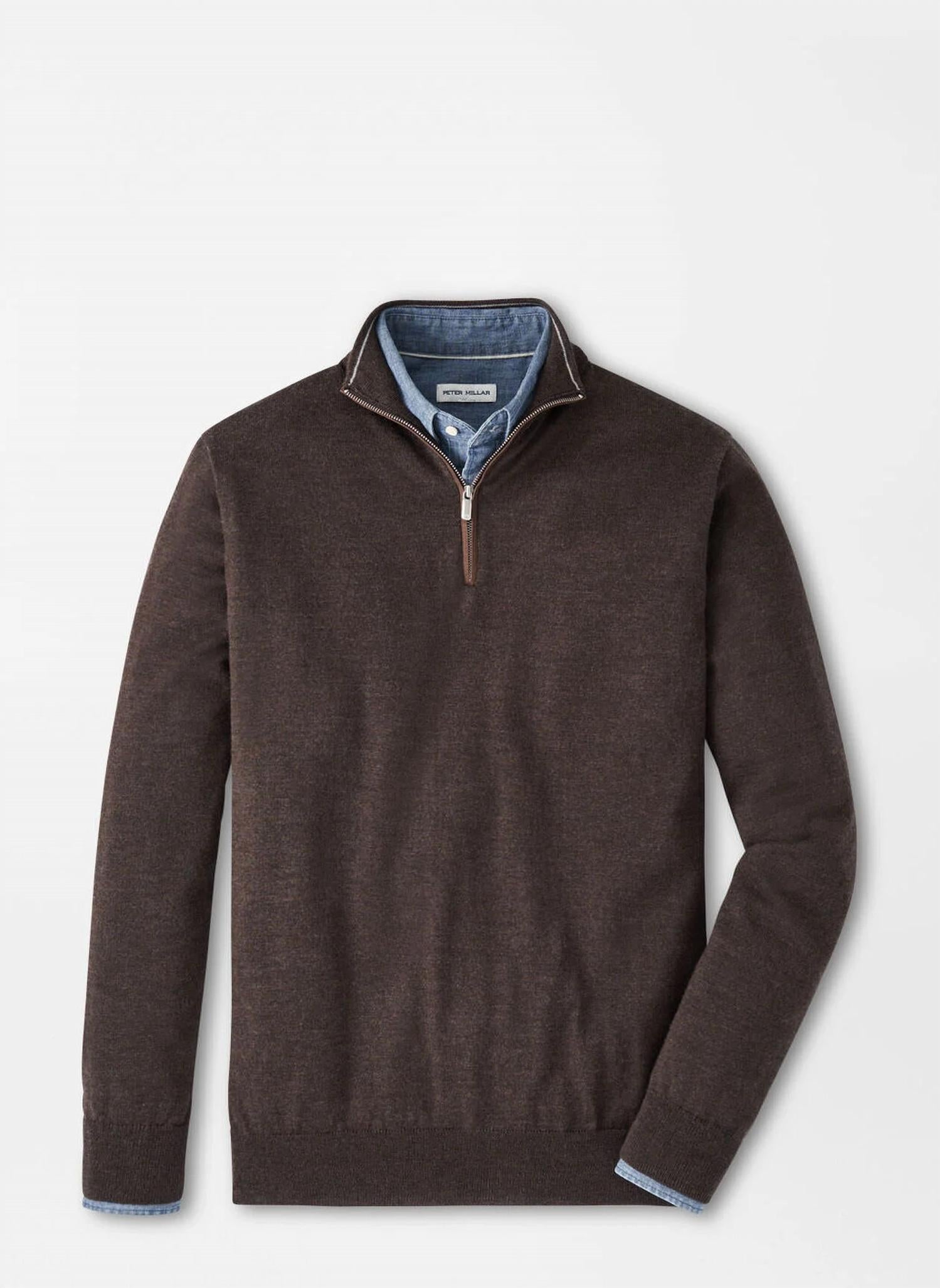 PETER MILLAR Autumn Crest Suede Trim Quarter Zip Sweater in french press - men's sweater - alternate view