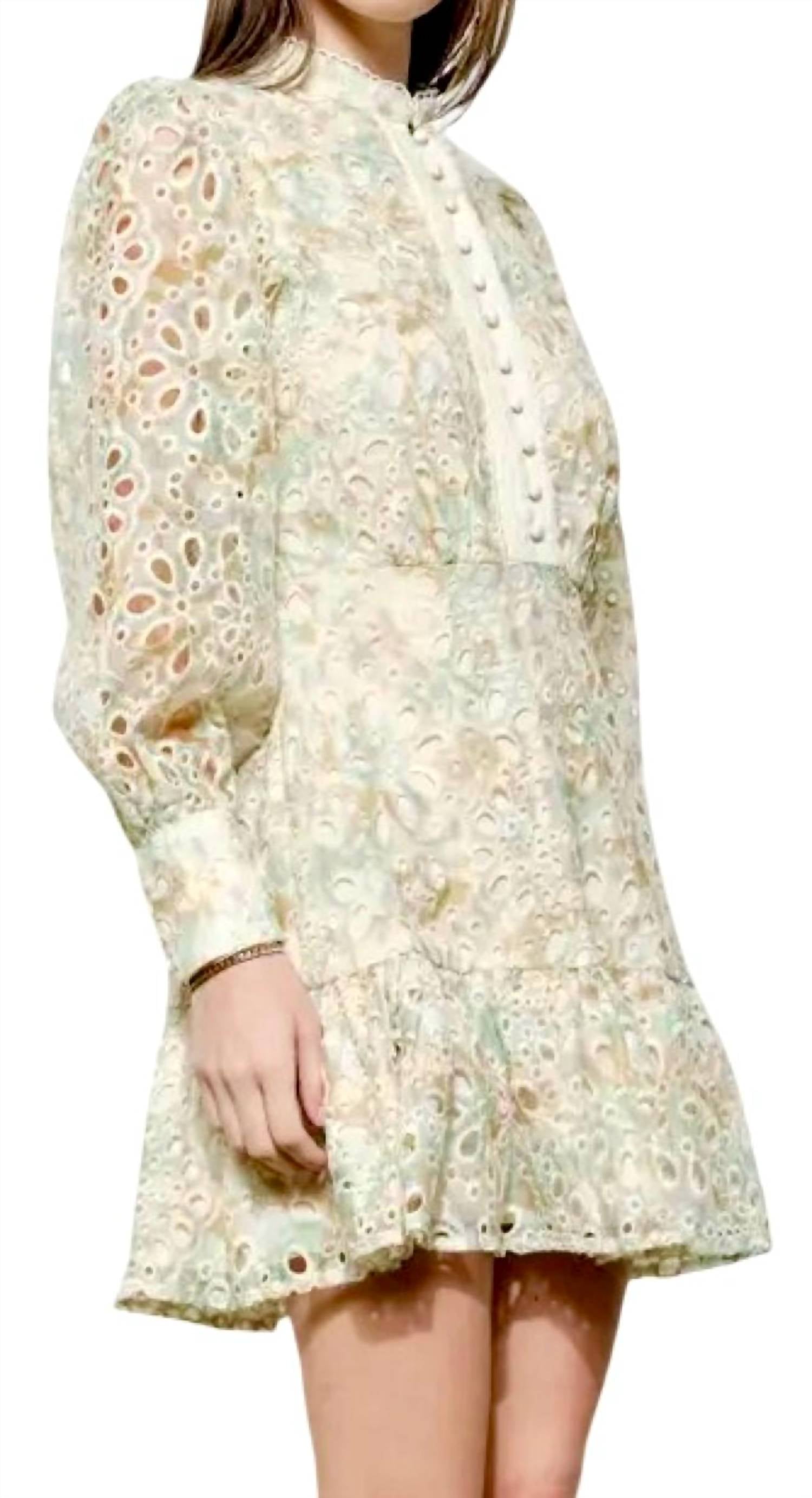 INA Fashion Romantic Floral Lace Eyelet Dress in sage green - women's dress - detail view