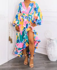 Surelymine - Color Splash Ruffle Wrap Maxi Dress with Balloon Sleeves