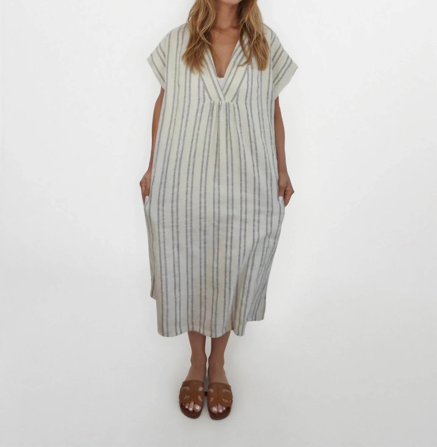 NIBI MTK Calla Midi Dress in grey cream stripe - women's dress