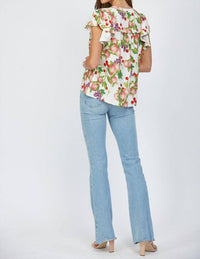 Fate Fruit Print Flutter Sleeve Split Neck Top in cream multi - women's blouse - view 9