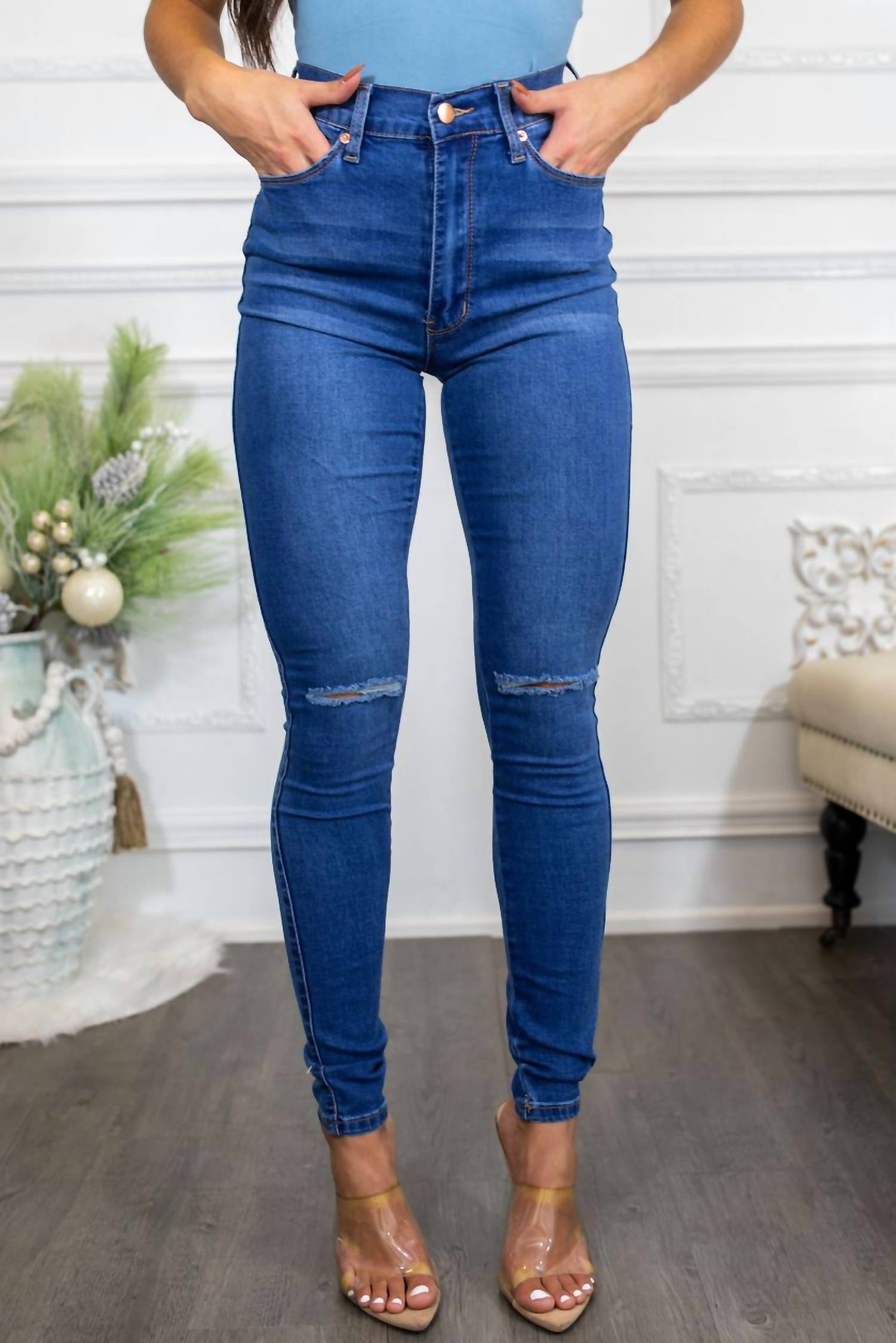 Surelymine - Just a Little Knee Cut High Waisted Great Stretch Jeans