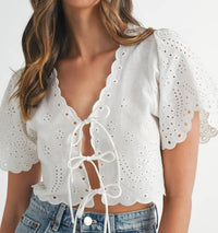 MABLE Floral Eyelet Linen-blend Tie-front Crop Blouse in white - women's blouse - view 4