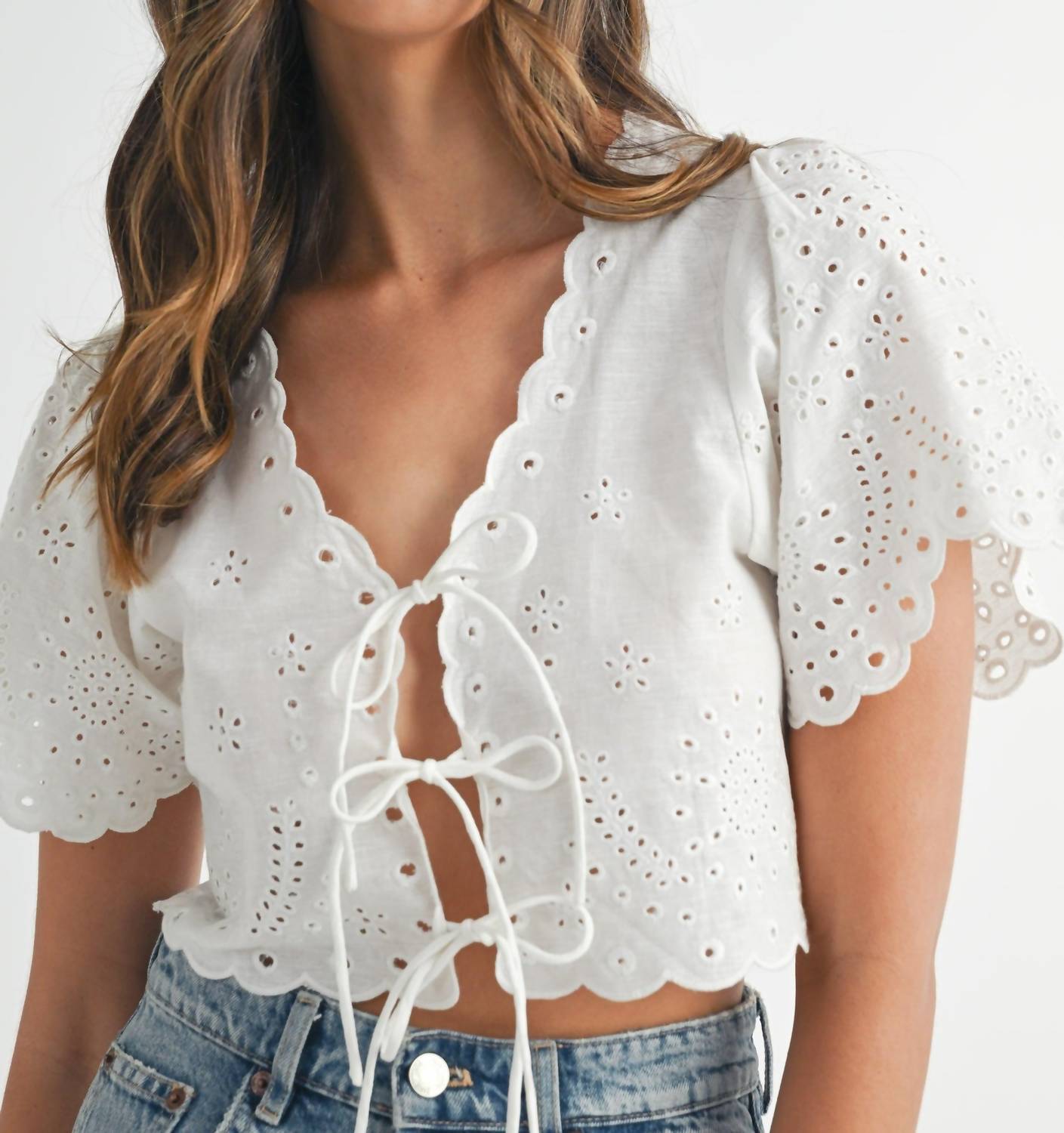 MABLE Floral Eyelet Linen-blend Tie-front Crop Blouse in white - women's blouse - view 4