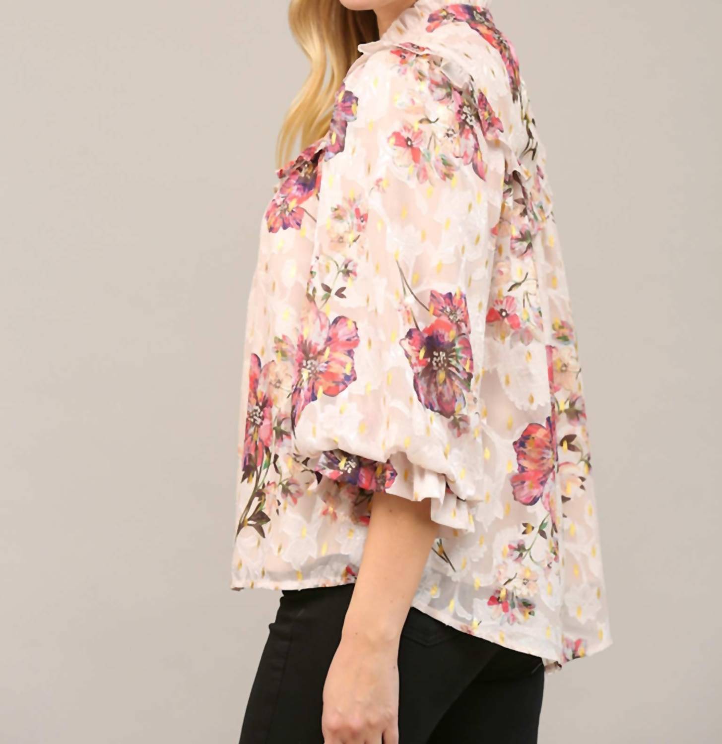 Fate Metallic Floral Chiffon Sleeve Blouse in cream - women's blouse - alternate view