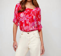 Karen Kane Fia Floral Print Square Neck Top in pink and red - women's blouse - view 4