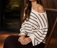Blue B - Stripe Textured Raw Edge Long Sleeve Knit Sweater Top