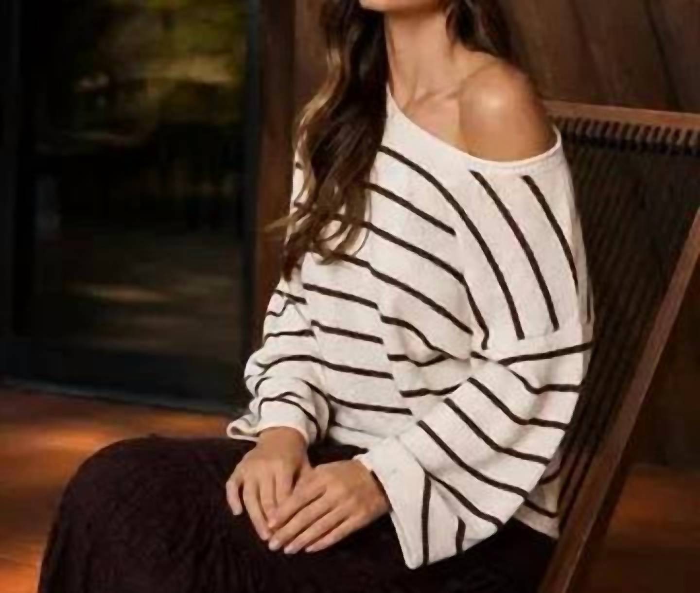 Blue B - Stripe Textured Raw Edge Long Sleeve Knit Sweater Top