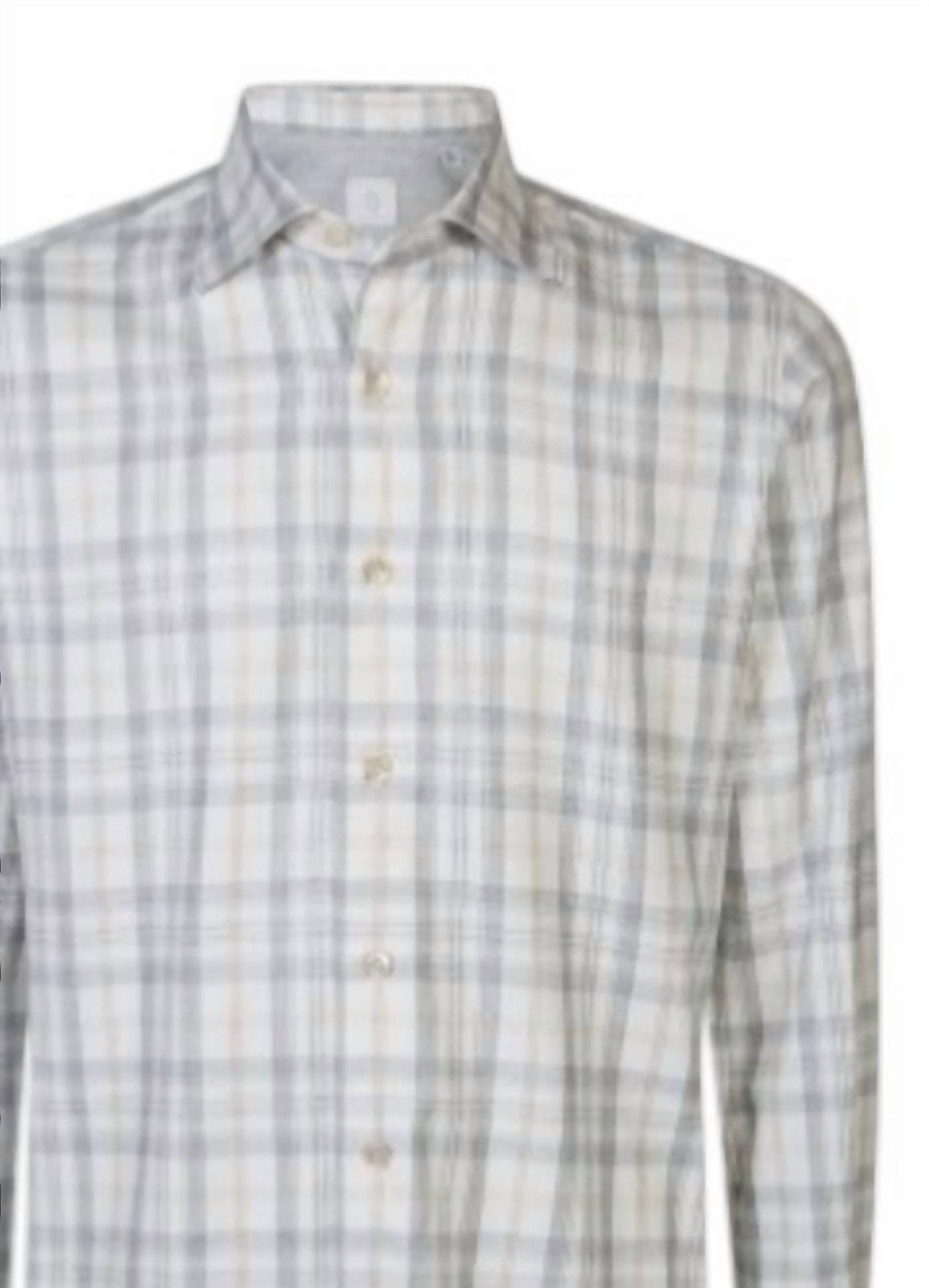 eleventy Men's Button Down Shirt in grey plaid - men's long sleeve top - detail view