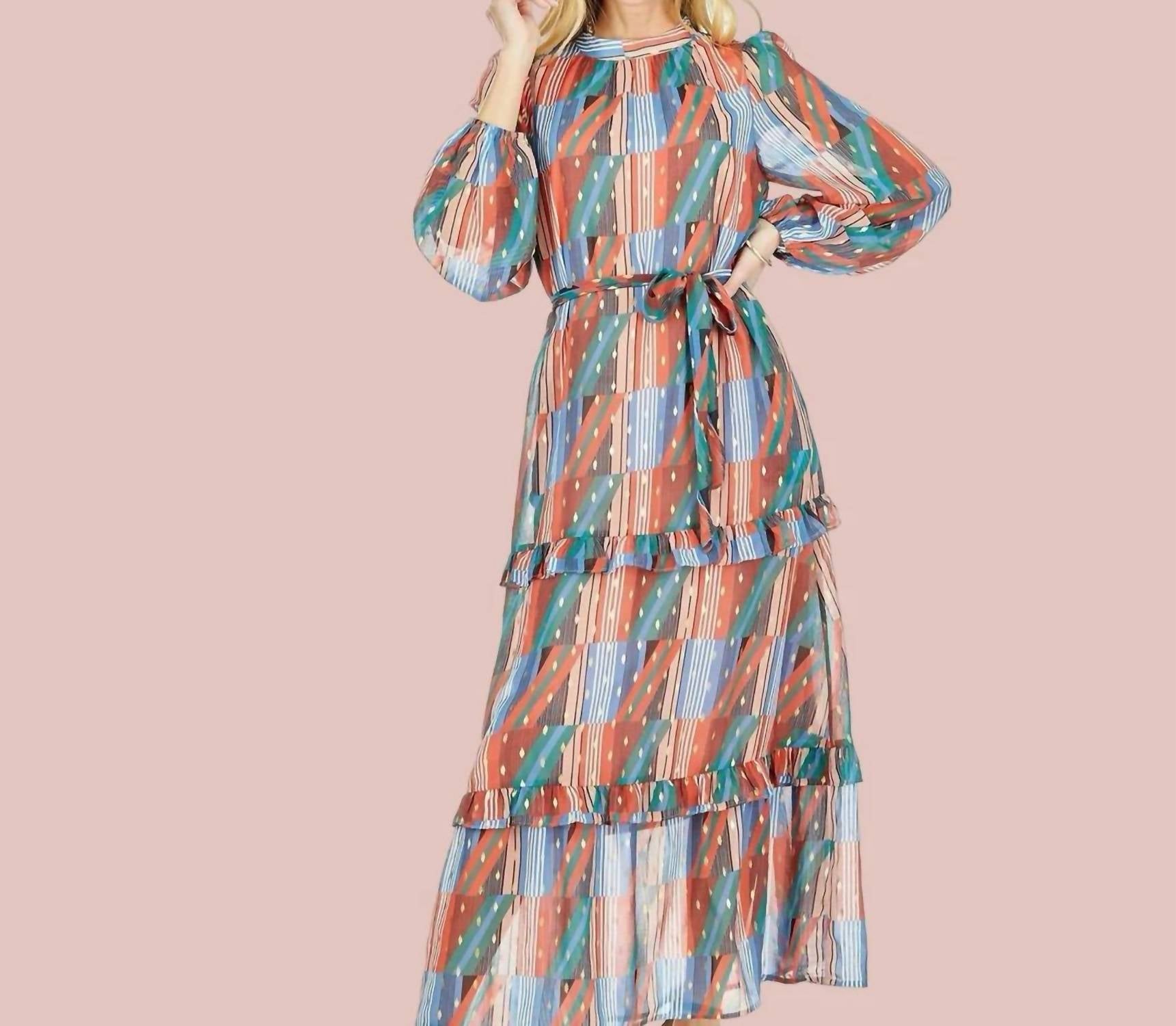 Joy Joy - Geo Stripe Ruffle Trim Column Dress