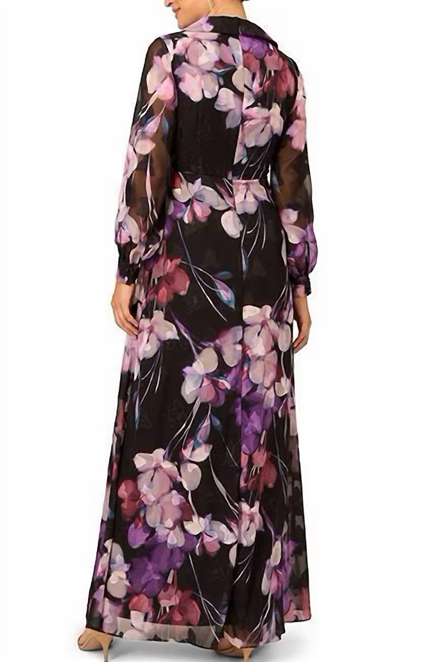 Adrianna Papell - Collared V-neck Floral Print Georgette Gown