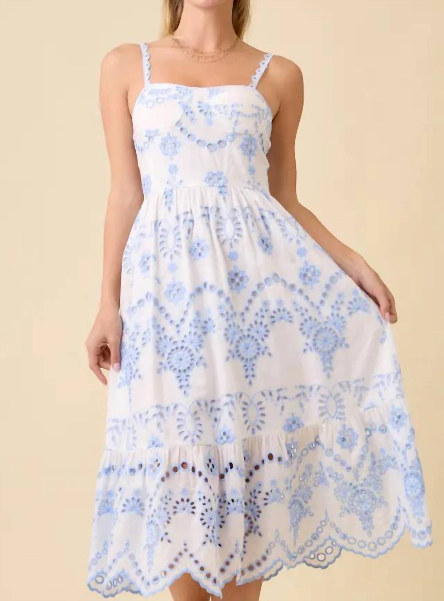 Main Strip Bluebell Eyelet Midi Dress in white blue - women's dress