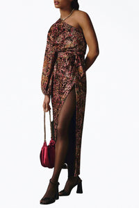 VERA ONE-SHOULDER BELTED VELVET MAXI DRESS