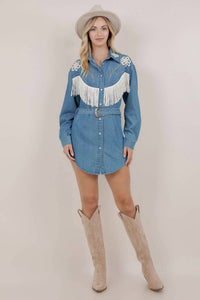 Saints & Hearts - Embroidery Detail Fringe Denim Dress