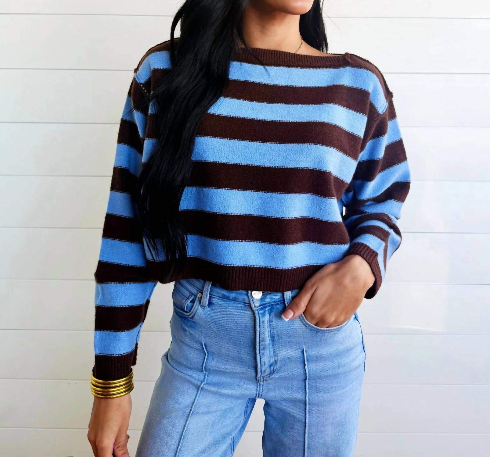Blu Pepper - Women's Stripe Exposed Seam Long Sleeve Cropped Sweater