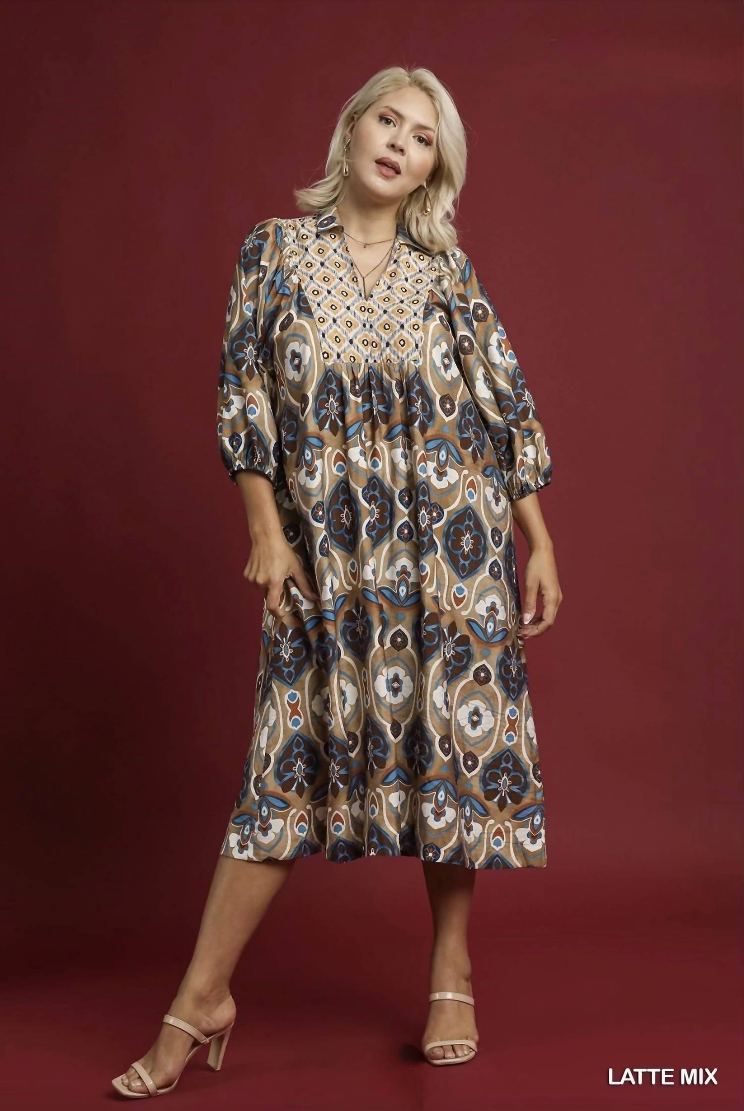 Umgee - 3/4 Sleeve Midi Fall Dress