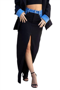 Endless Blu. - Tatiana Skirt With Denim Accents & High Slit