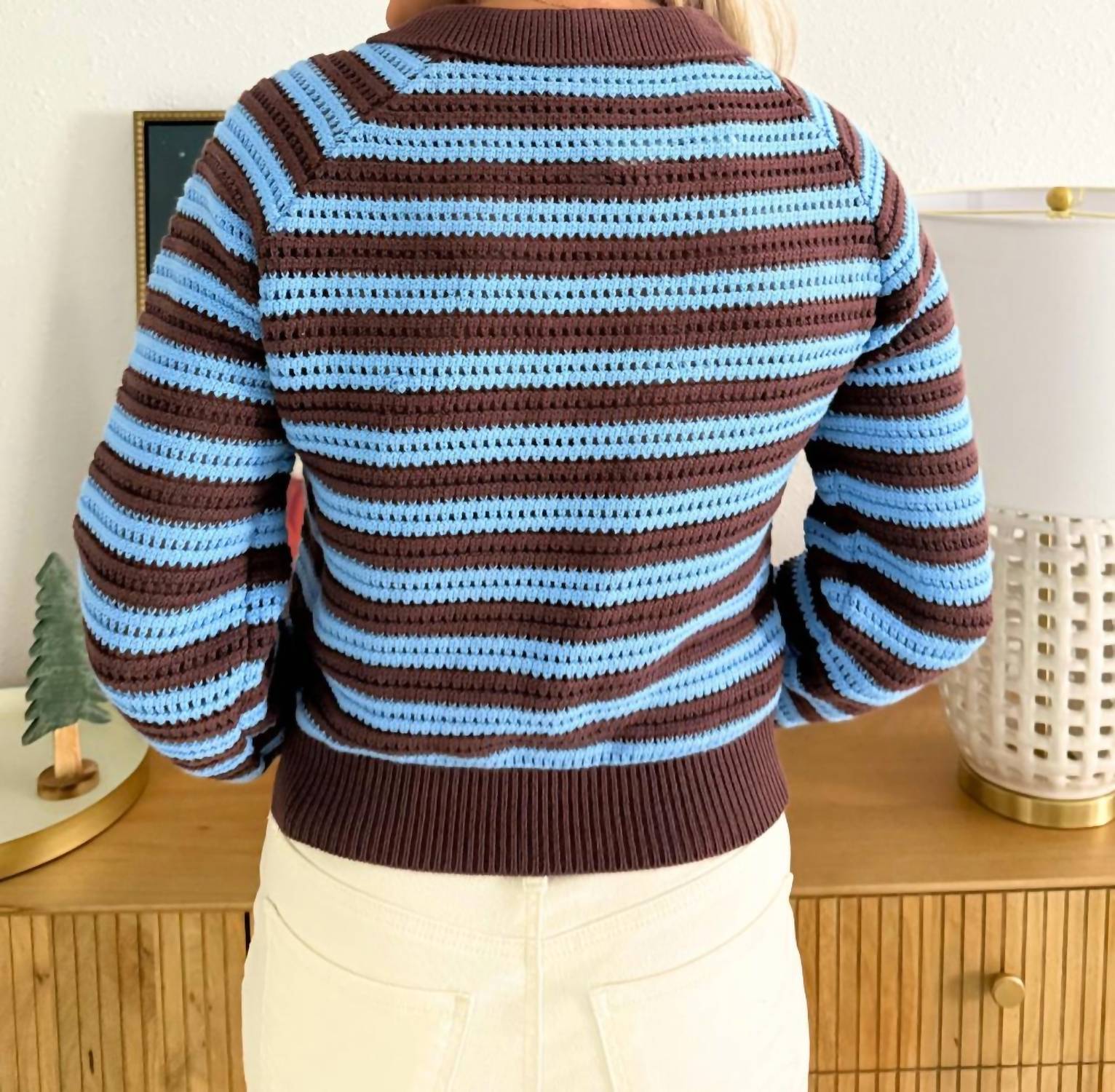 Aaron & Amber Bohemian Style Half Button Polo Striped Sweater in brown blue - women's long sleeve top - alternate view