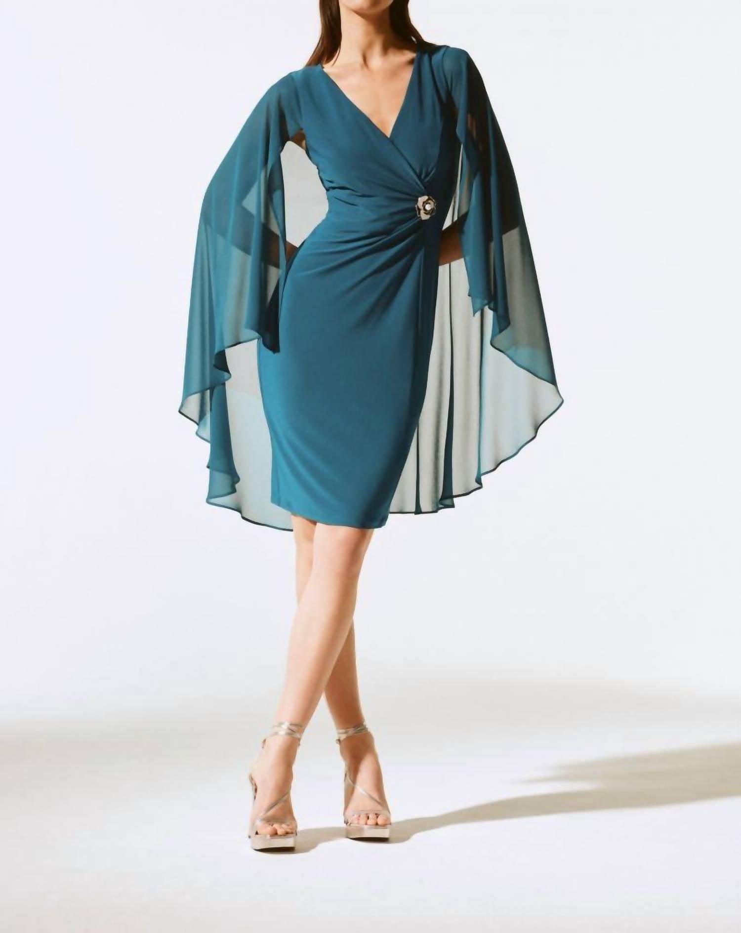 Joseph Ribkoff - Chiffon Cape V-neck Sheath Dress