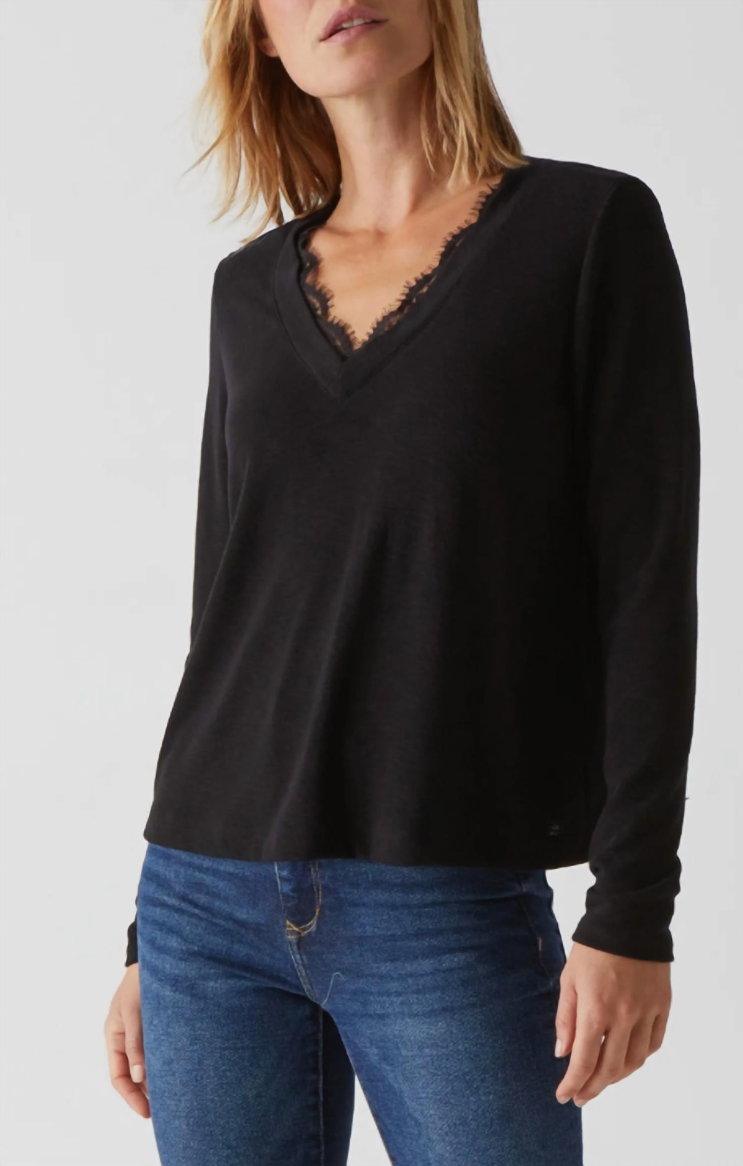 Michael Stars Bebe Glam Tahoe V with Lace Top in black - women's long sleeve top - alternate view