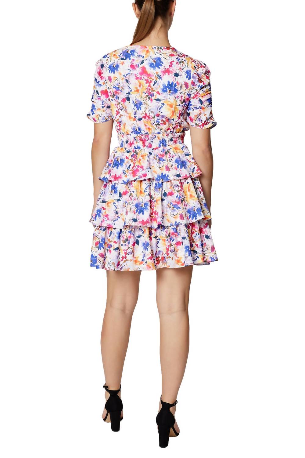 Laundry By Shelli Segal - V-neck Elastic Waist Floral Print Tiered Woven Dress