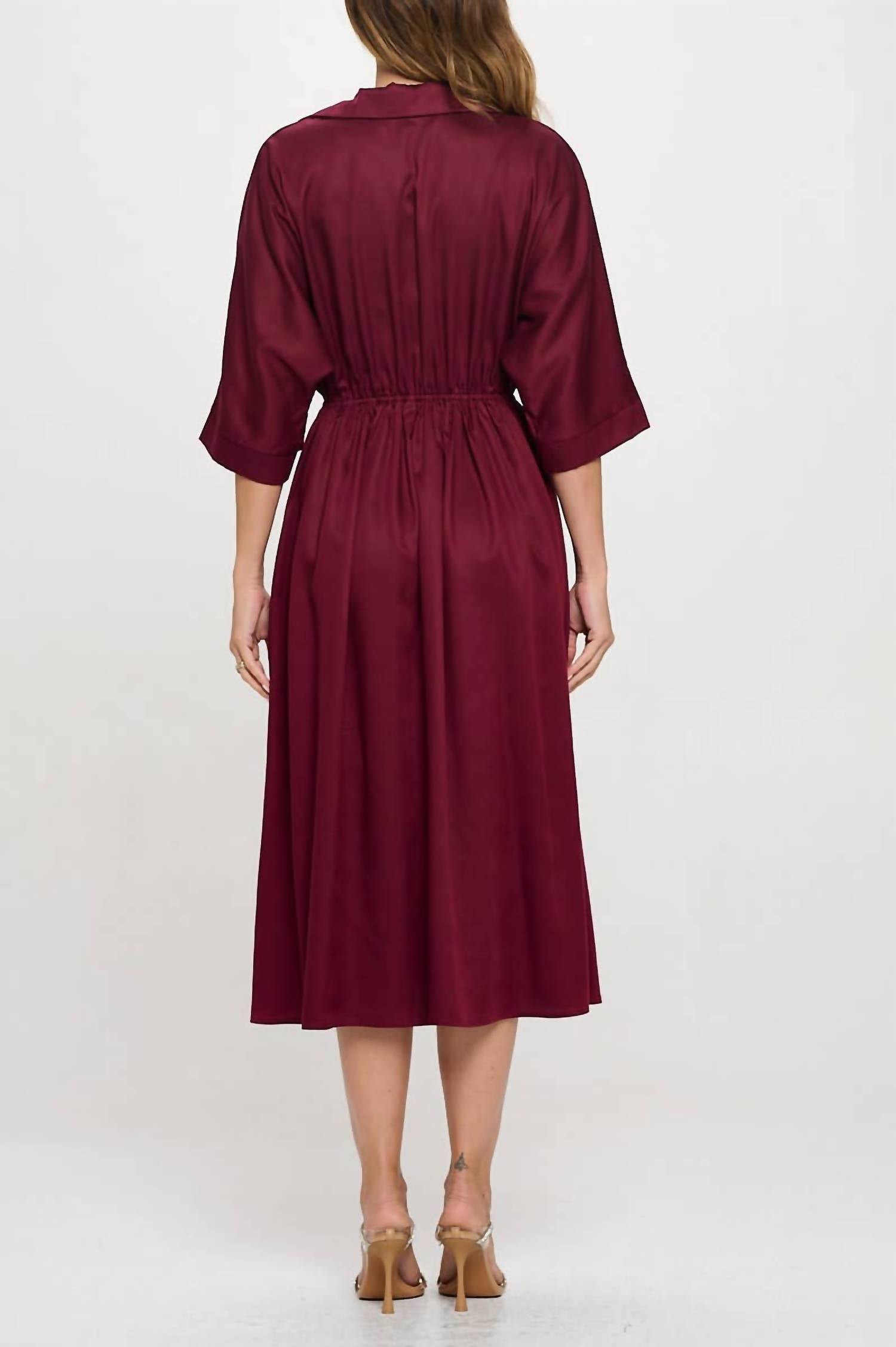 Reneec. - Collared V Neck Midi Dress With Pockets