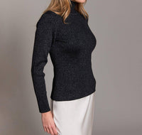 Alashan Cashmere Fine Marino Mitra Lurex Rib Turtle Neck Top in black - women's sweater - detail view