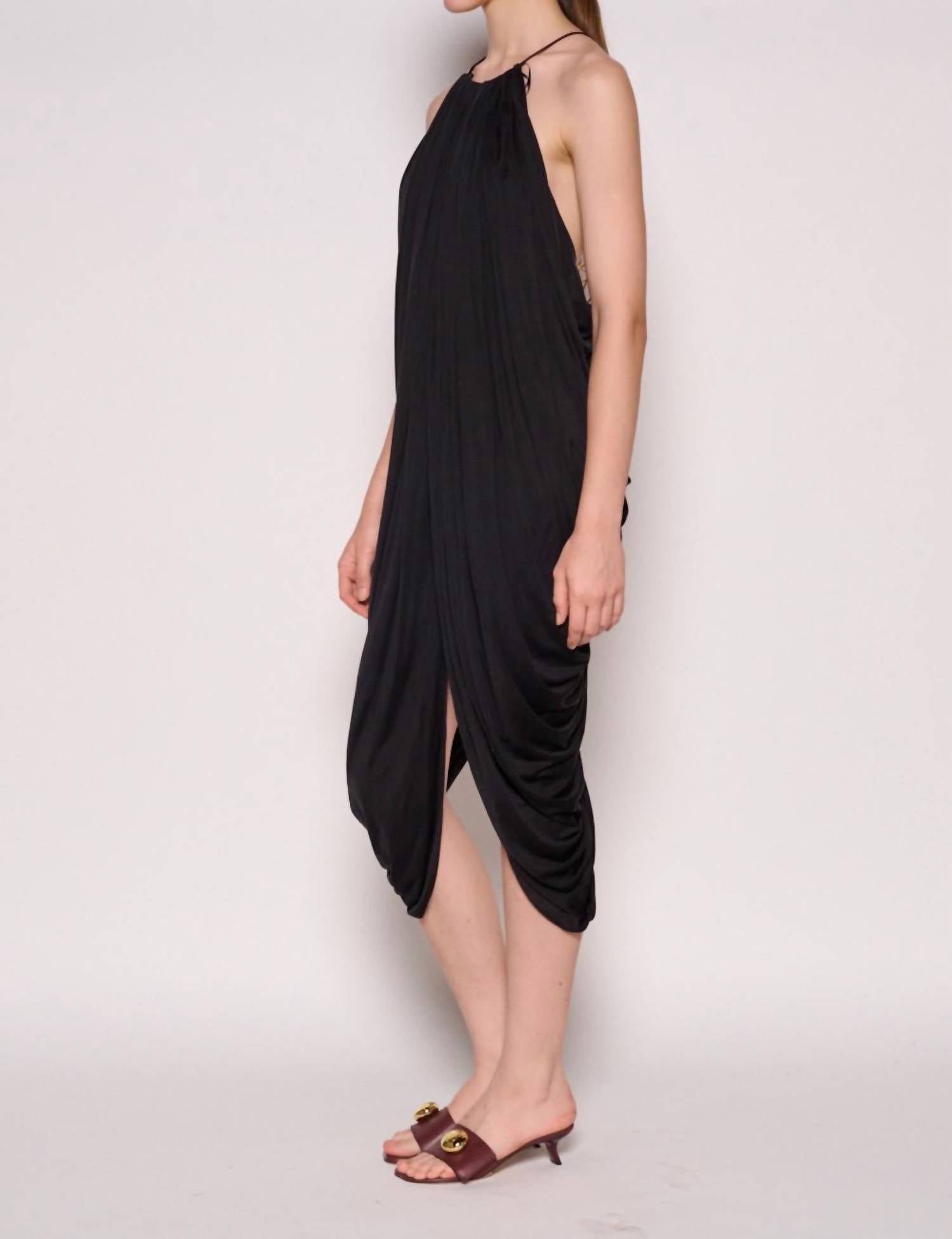 Loewe Embellished Draped Silk Halterneck Midi Dress With Large Logo Back in black - women's dress - detail view