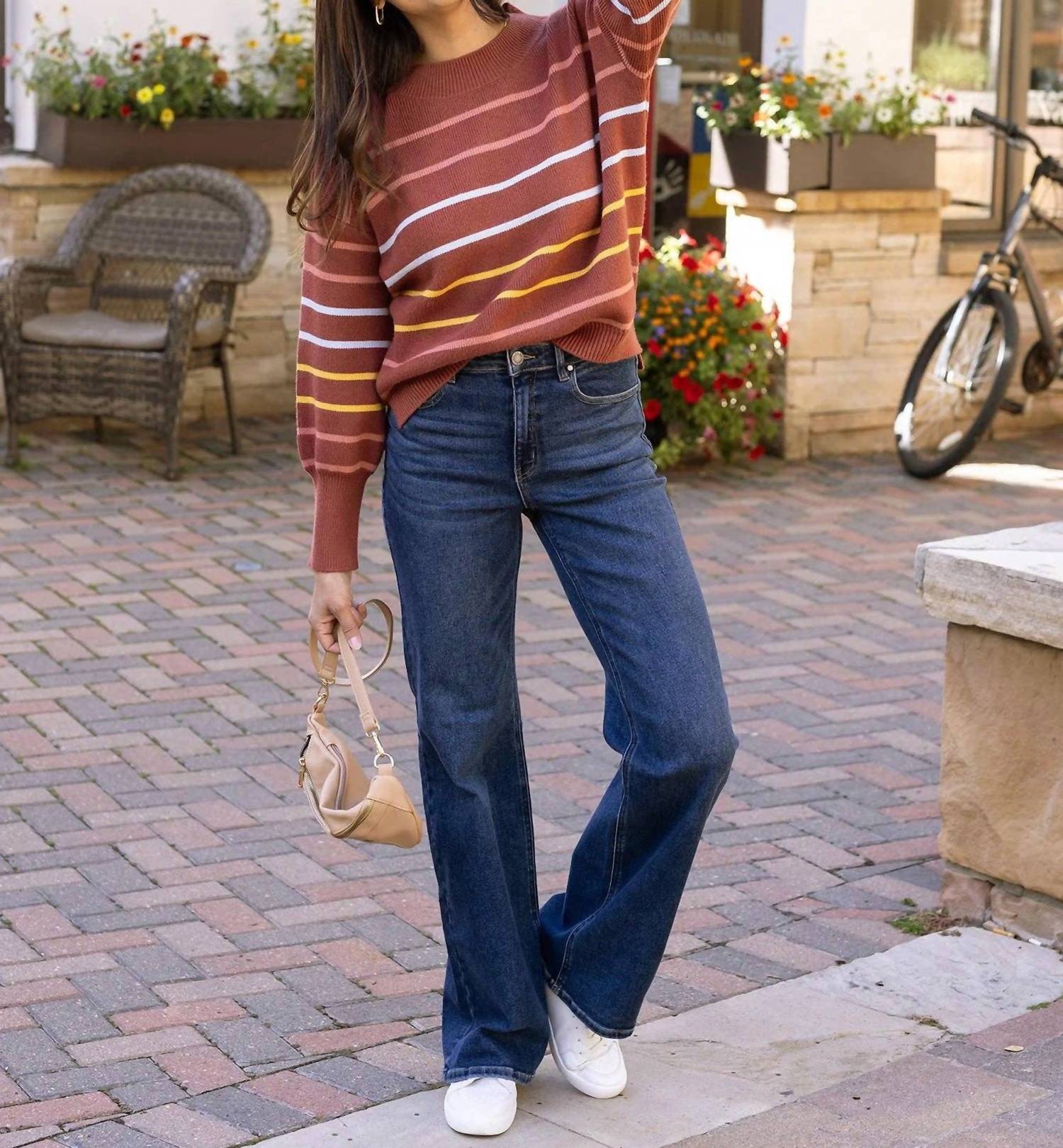 Grace and Lace Crew Neck Striped Sweater in terracotta stripe - women's sweater - view 8