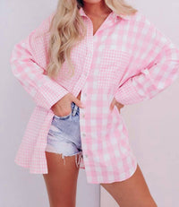 Shiying Fashion - Mix Checked Patchwork Long Sleeve Shirt