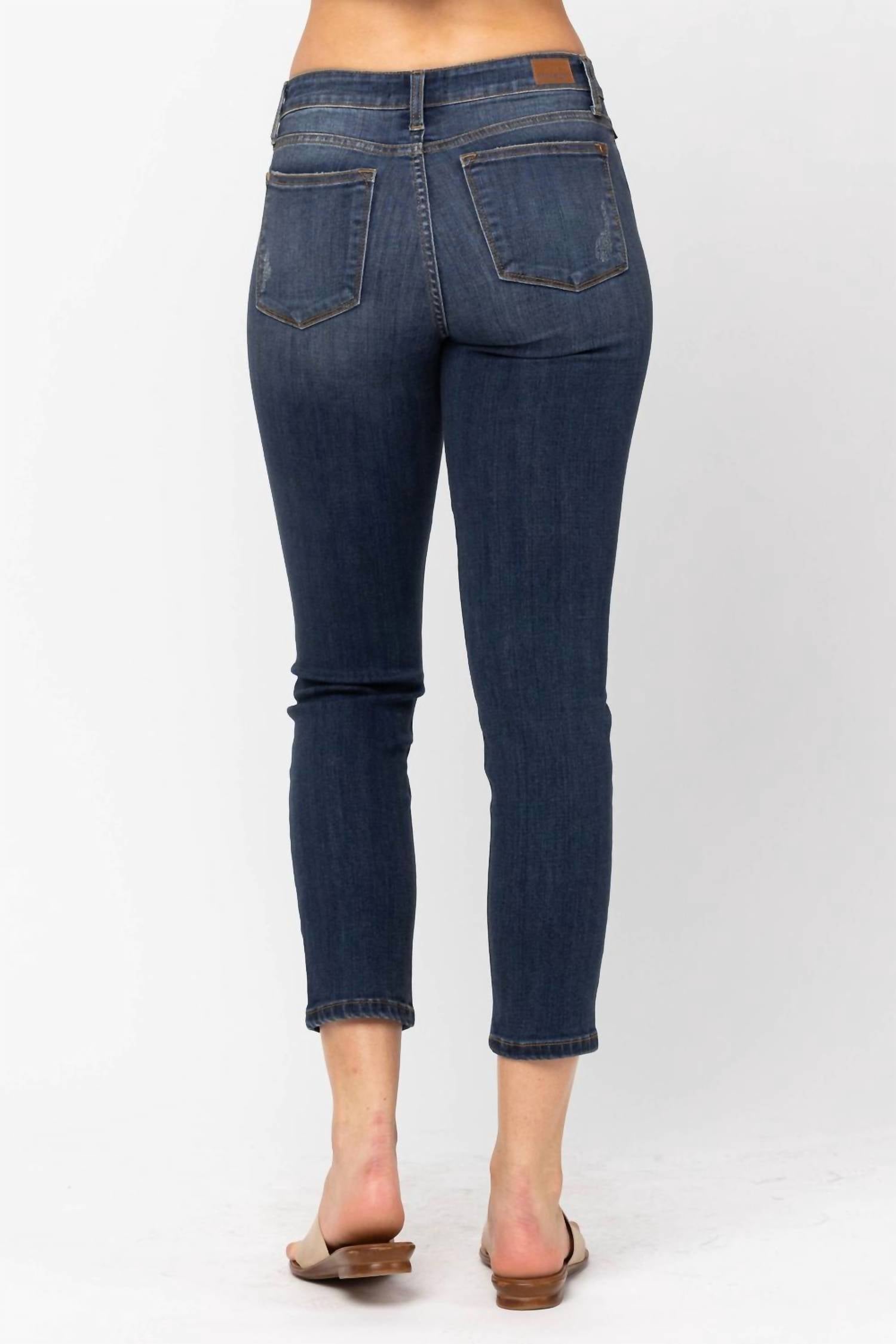Judy Blue Mid Rise Cropped Relaxed Denim Jeans in blue - women's jeans - detail view